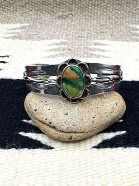 Navajo Fred Harvey Style Sterling Silver Damele Turquoise Cuff Bracelet 6.75"